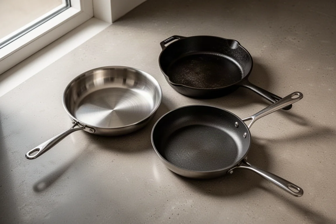 Stainless steel, cast iron, and non-stick pans arranged on a concrete kitchen counter