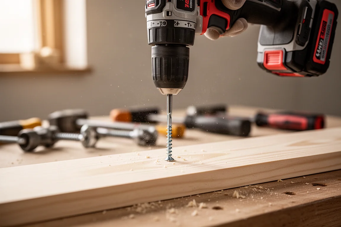 Cordless drill drilling into a wooden board in a home workshop