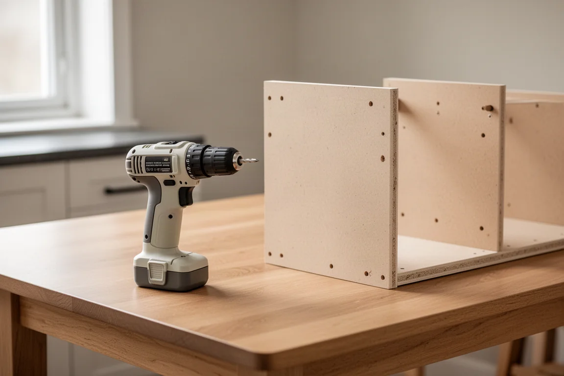 Small compact cordless drill held above a kitchen table for a light home task