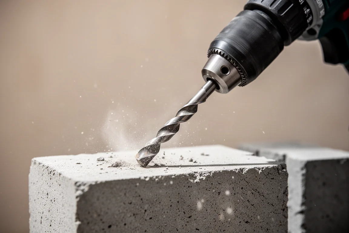 Hammer drill boring into masonry with dust visible around the bit