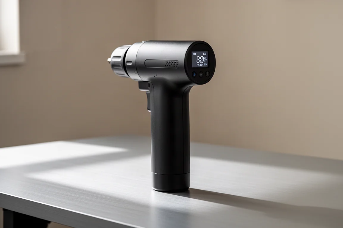 Modern minimalist drill with digital display on a designer desk surface