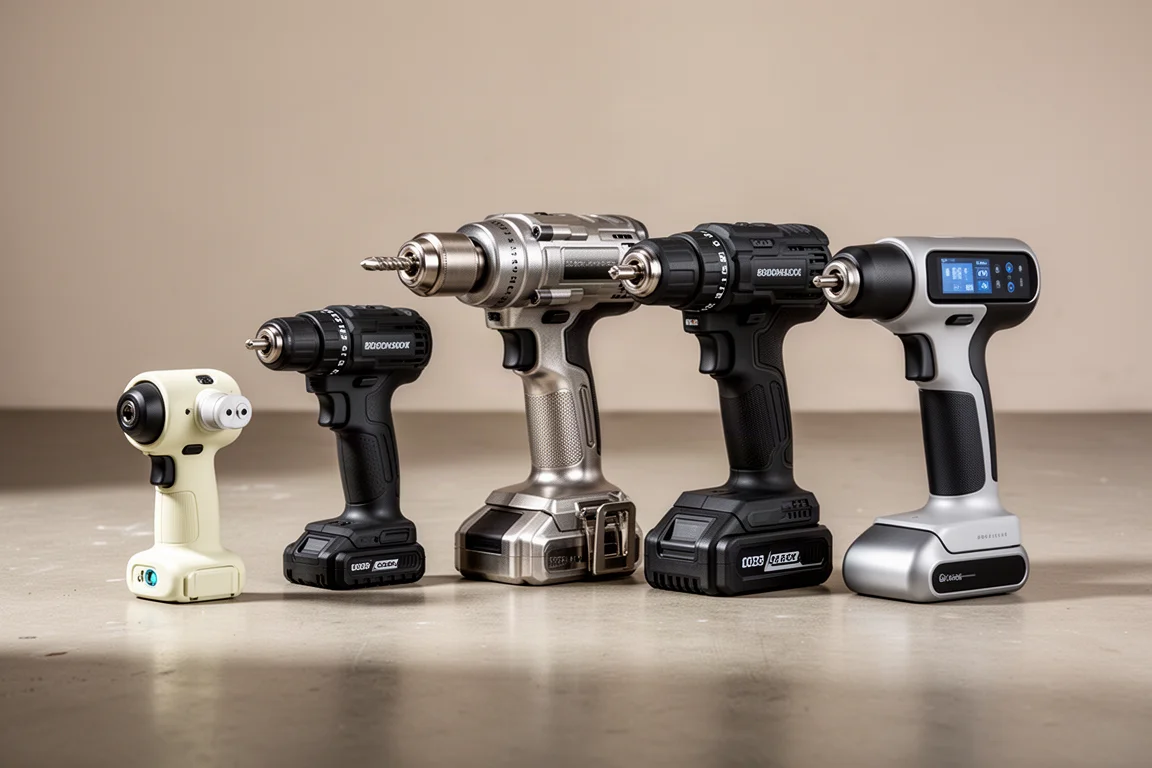 Five different budget cordless drills arranged in a row on concrete