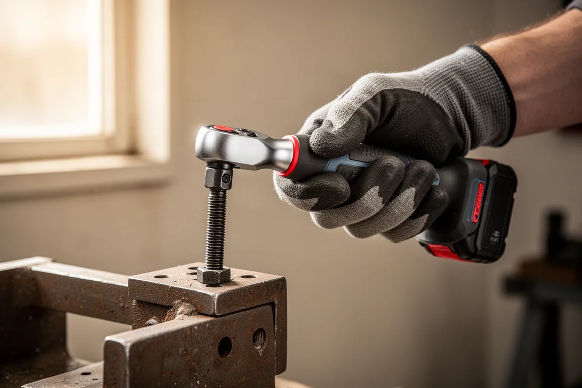 Serraggio manuale di una bullonia con un avvitatore a cricchetto a batteria per sfruttare la leva