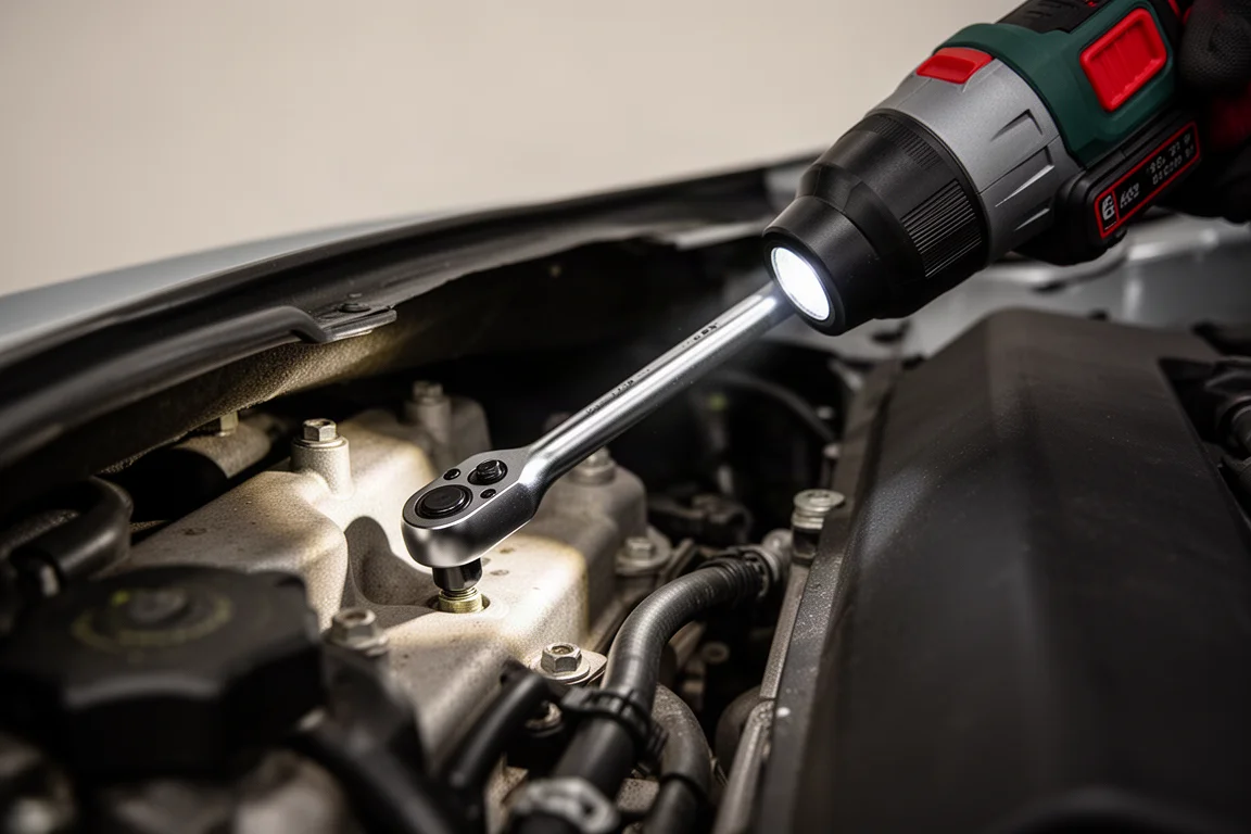 Avvitatore a cricchetto a batteria a testa sottile che raggiunge uno spazio angusto nel vano motore