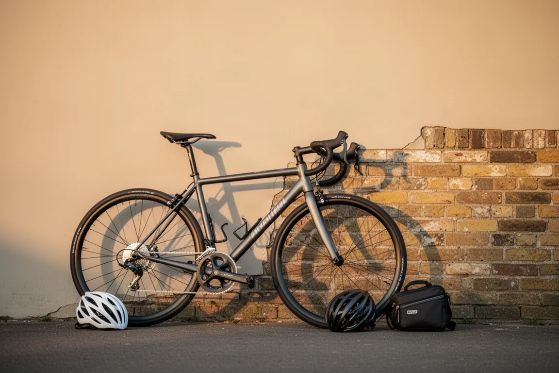 Bicicleta de estrada apoiada em uma parede de tijolos na hora dourada, com capacete e bolsa de selim por perto