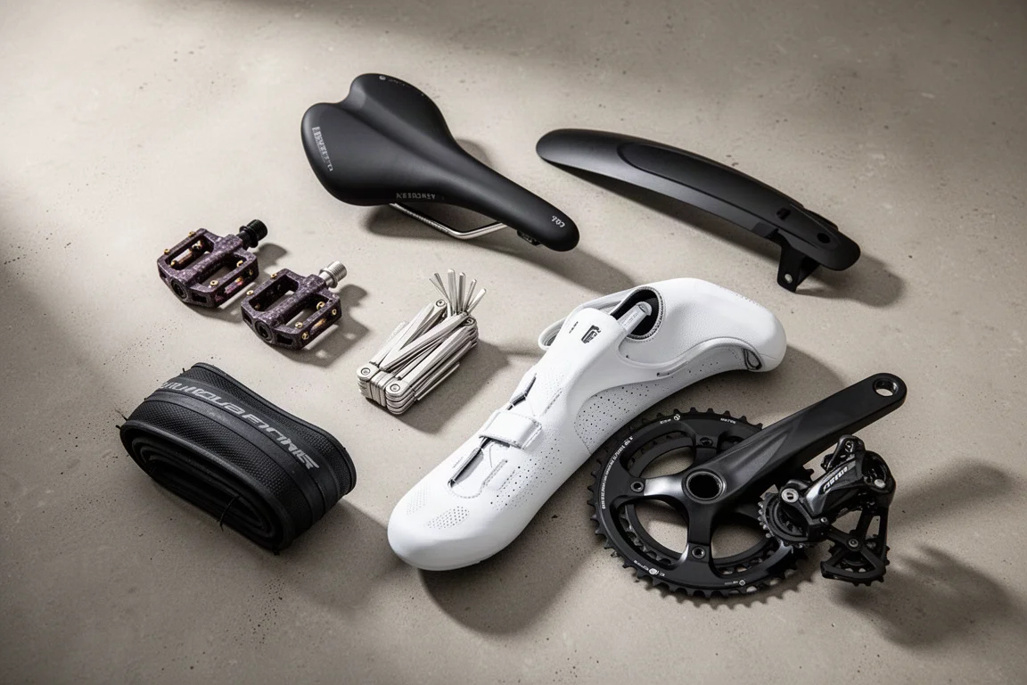 Vue de dessus d'un équipement cycliste à petit prix : pédales, selle, outil multifonction, pneu et une chaussure blanche