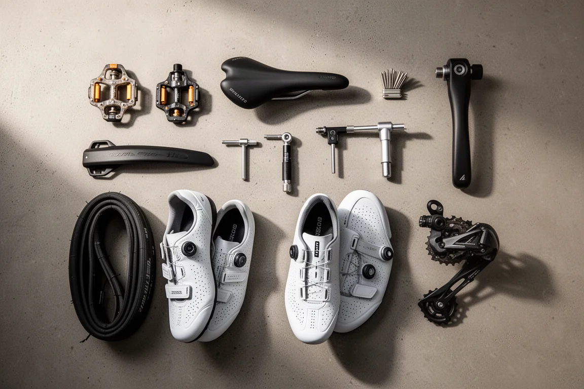 Vue à plat de composants cyclistes à petit prix, dont pédales, selle, outils, pneu et chaussures, sur du béton