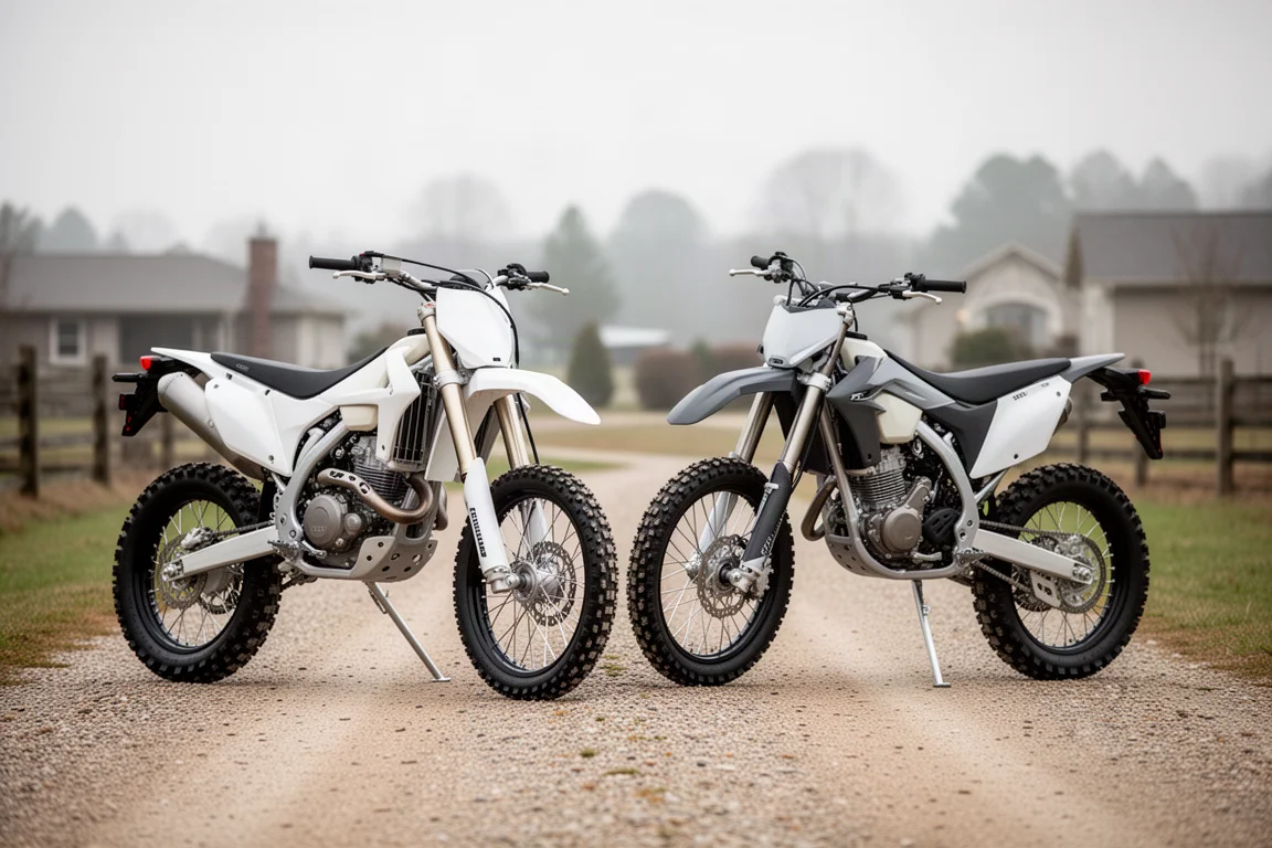 Duas motos de trilha estacionadas lado a lado em uma estrada de brita