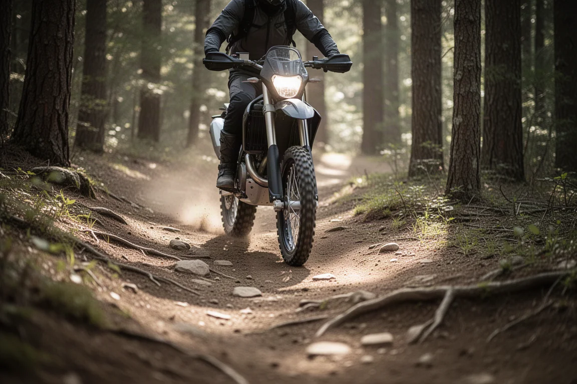Moto de trilha percorrendo uma trilha florestal moderada com pequenas pedras