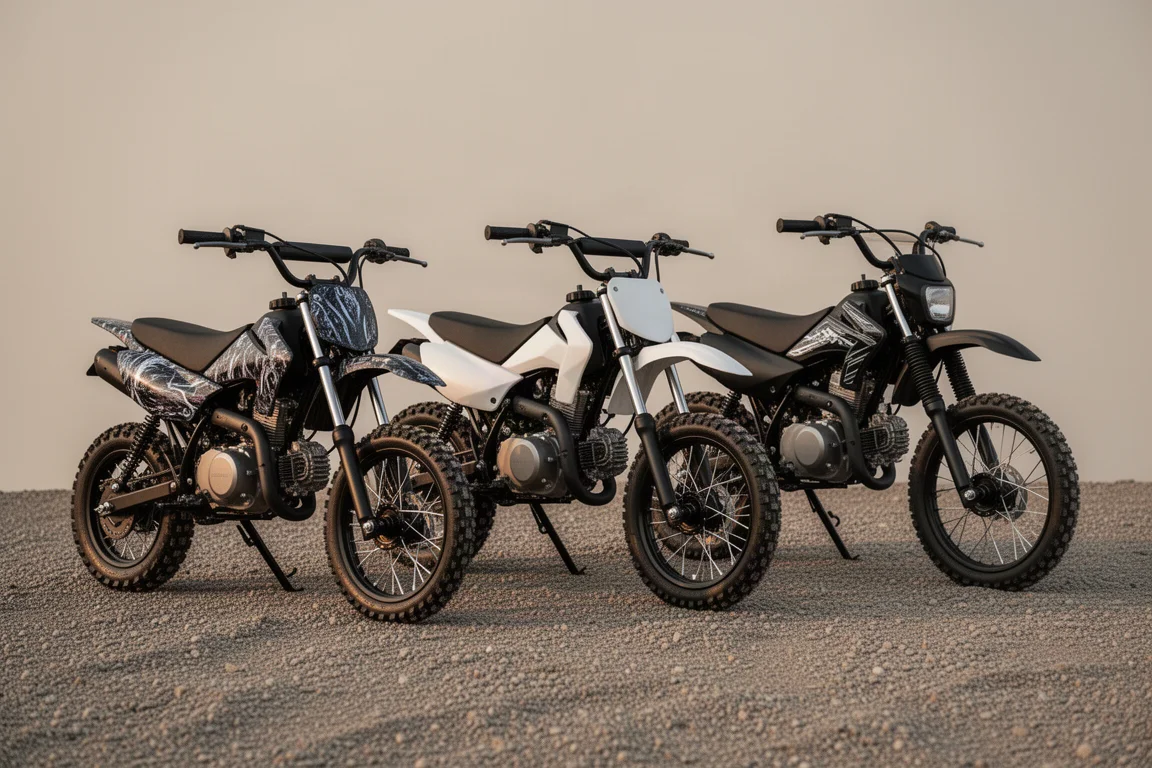 Três motos de trilha econômicas estacionadas lado a lado na brita
