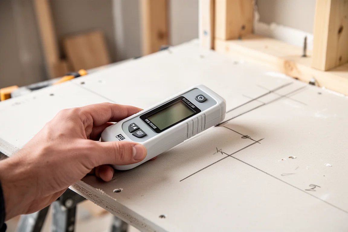 Wall detector sliding across a plasterboard test panel with stud markings