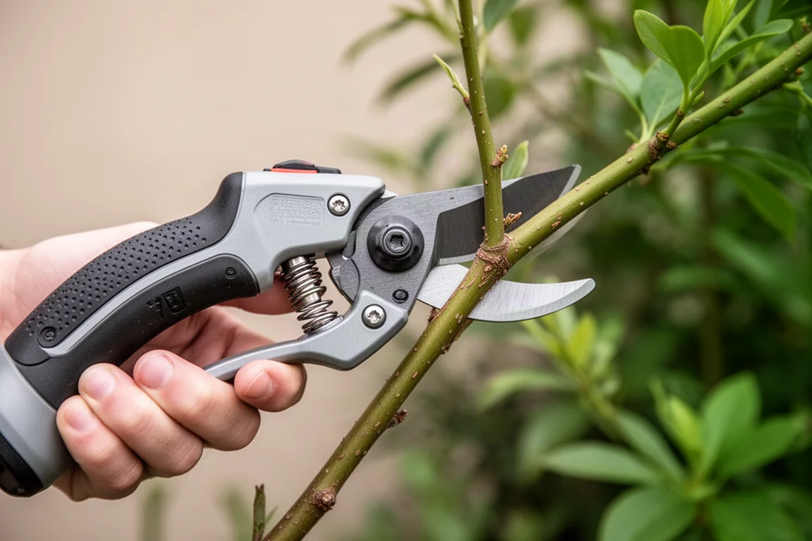 Cordless secateur cutting a thin branch in a garden setting