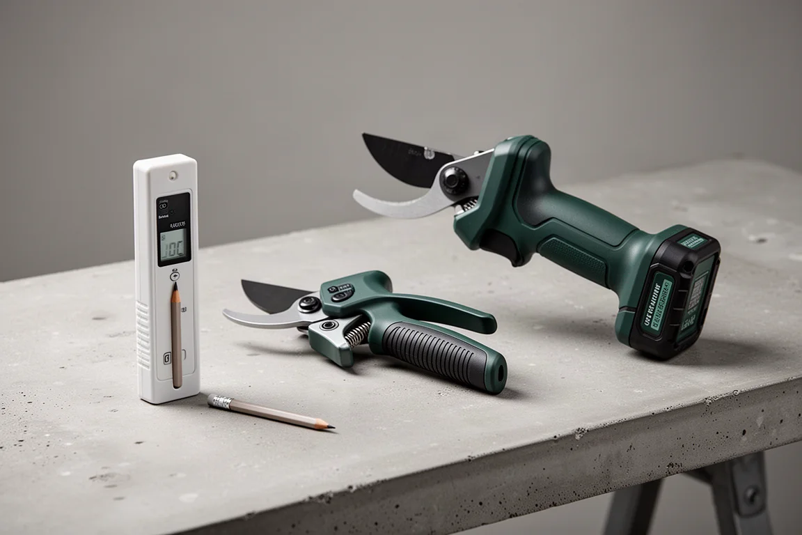 Wall detector and two cordless secateurs arranged on a concrete workbench