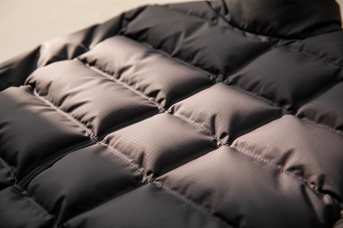 Close-up of quilted down jacket baffles showing stitch lines and puffed down channels