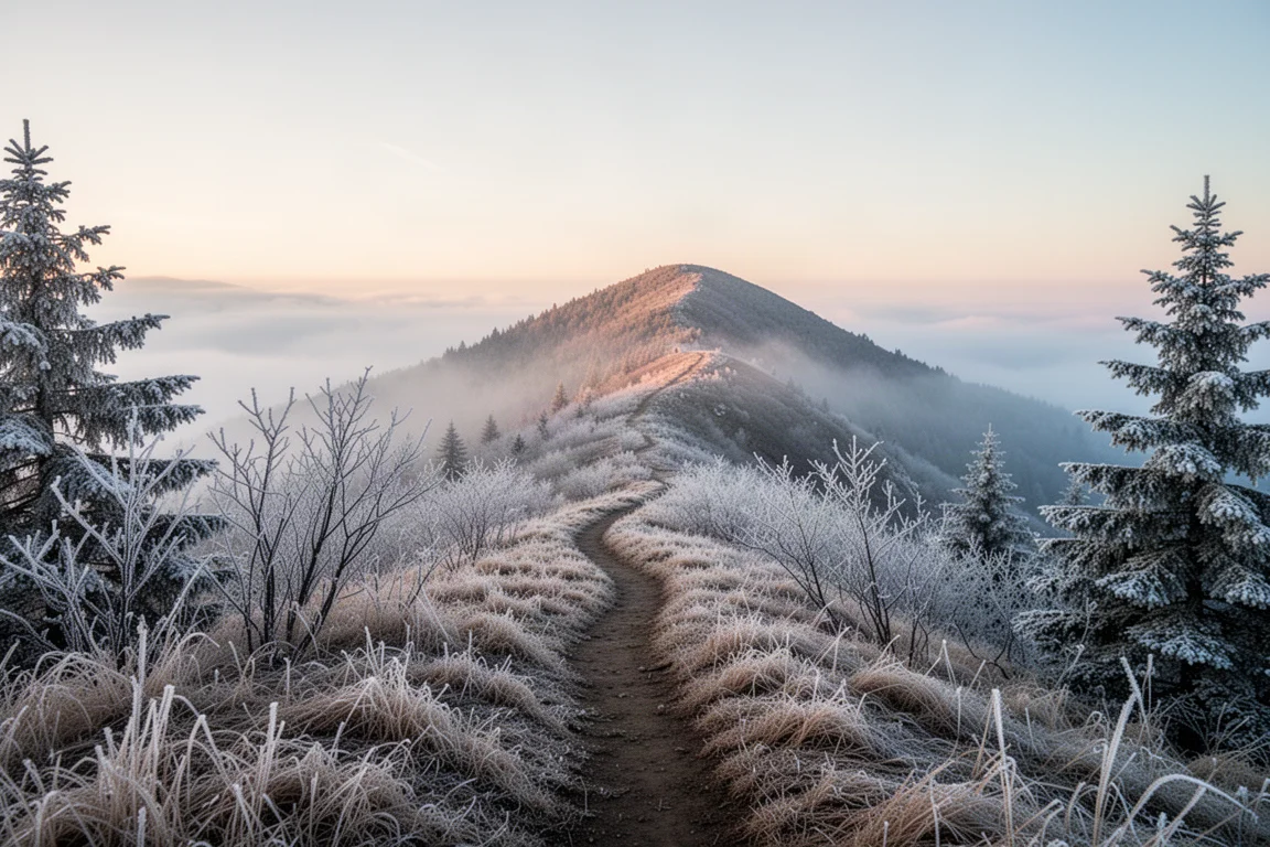 Frosty mountain trail at sunrise with mist in the valley and bare winter branches