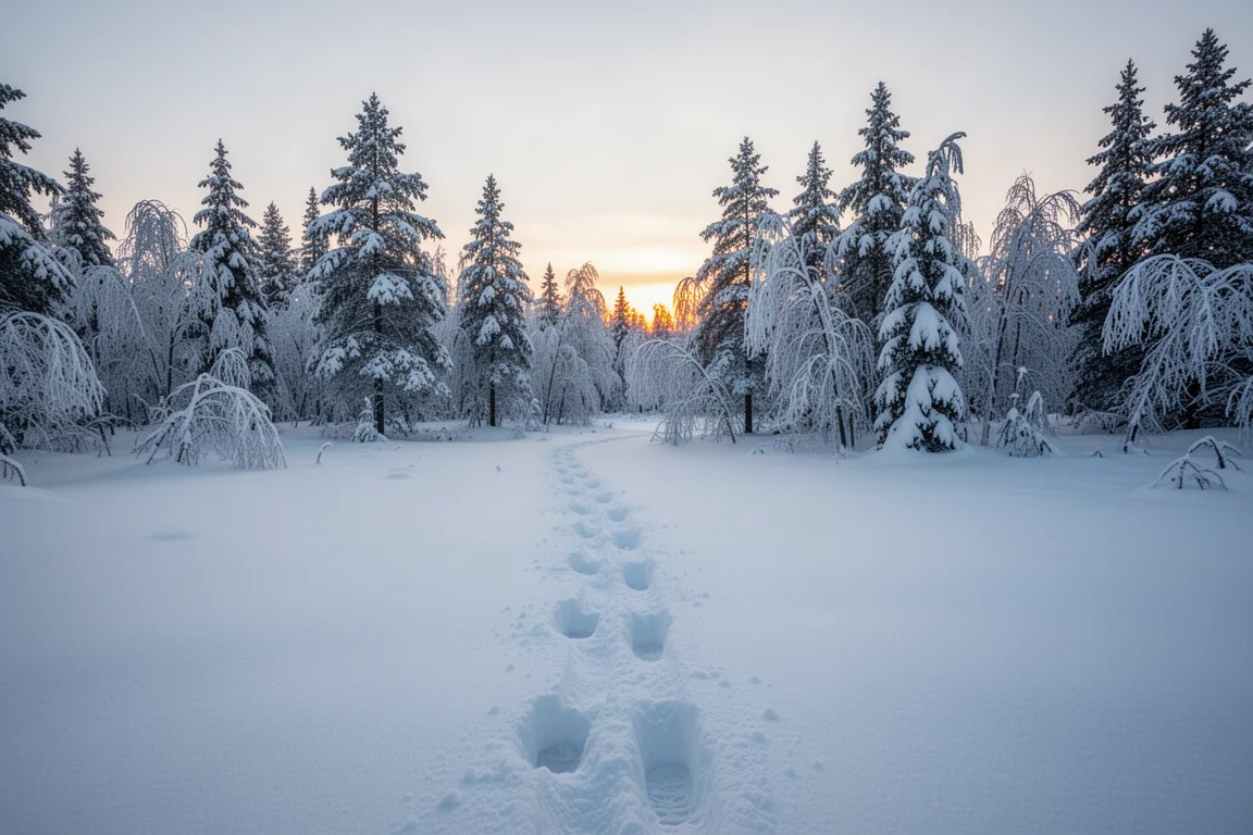 Snowy trailhead at dawn with boot prints and snow-laden pine branches