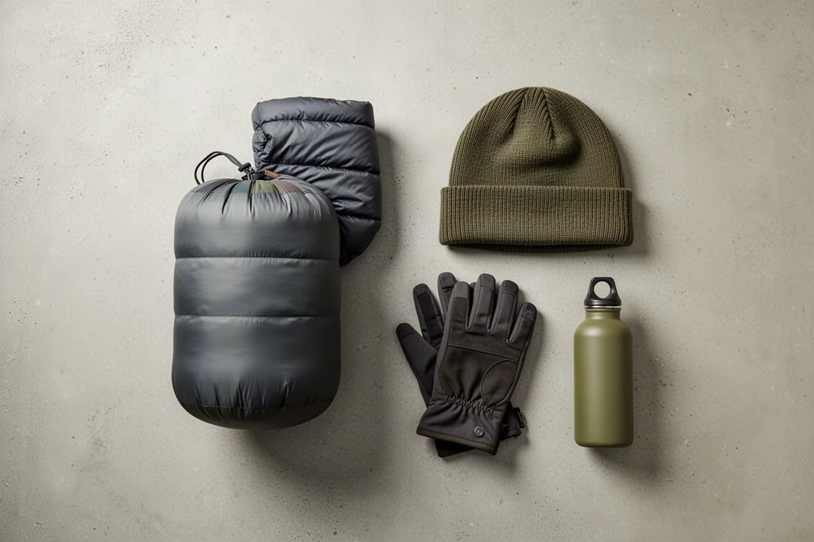 Overhead flat lay of a packed down jacket, beanie, gloves, and water bottle on concrete