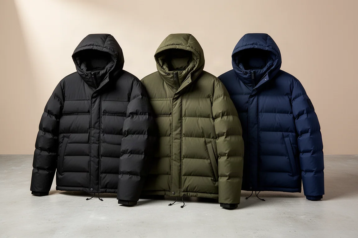 Three hooded down jackets in black, olive and navy arranged on a pale concrete surface