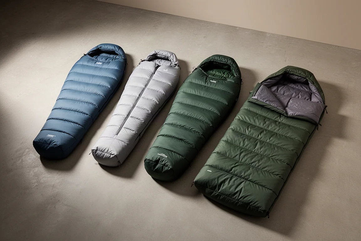 Four down sleeping bags of different designs arranged on a concrete floor