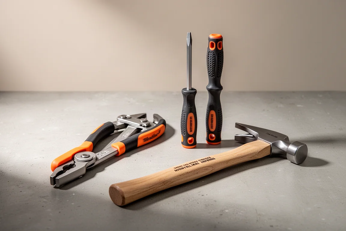 Doyle water pump pliers, demolition screwdrivers, and titanium hammer arranged on concrete