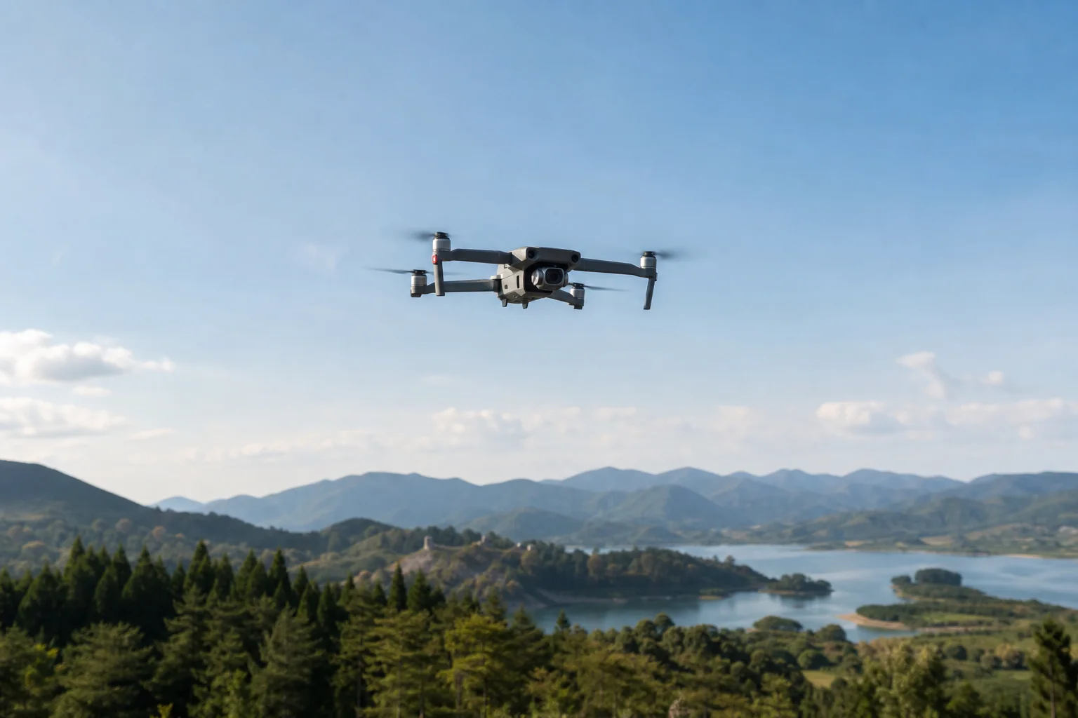 Drone compact en vol au-dessus d'un paysage extérieur avec des arbres et le ciel