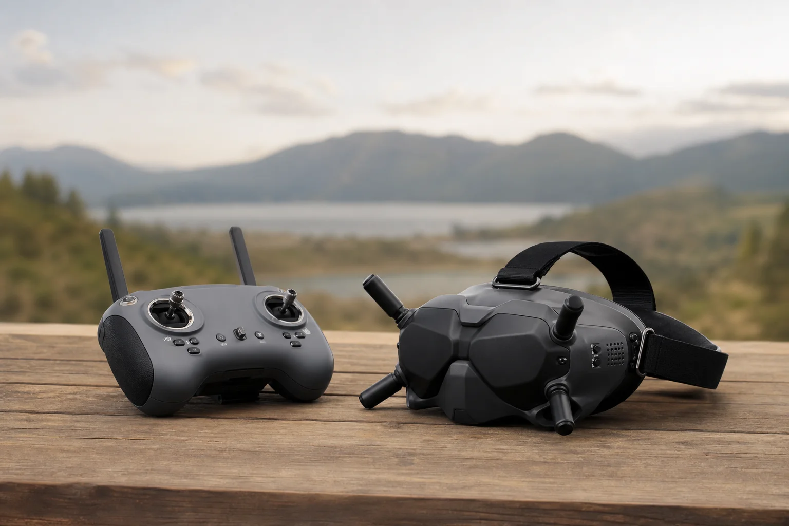 Manette et casque FPV pour drone sur une surface en bois avec un arrière-plan extérieur