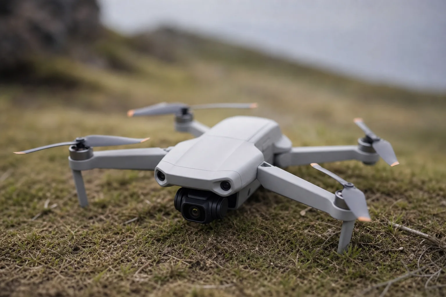 Drone GPS compact sur une surface d'herbe naturelle en extérieur