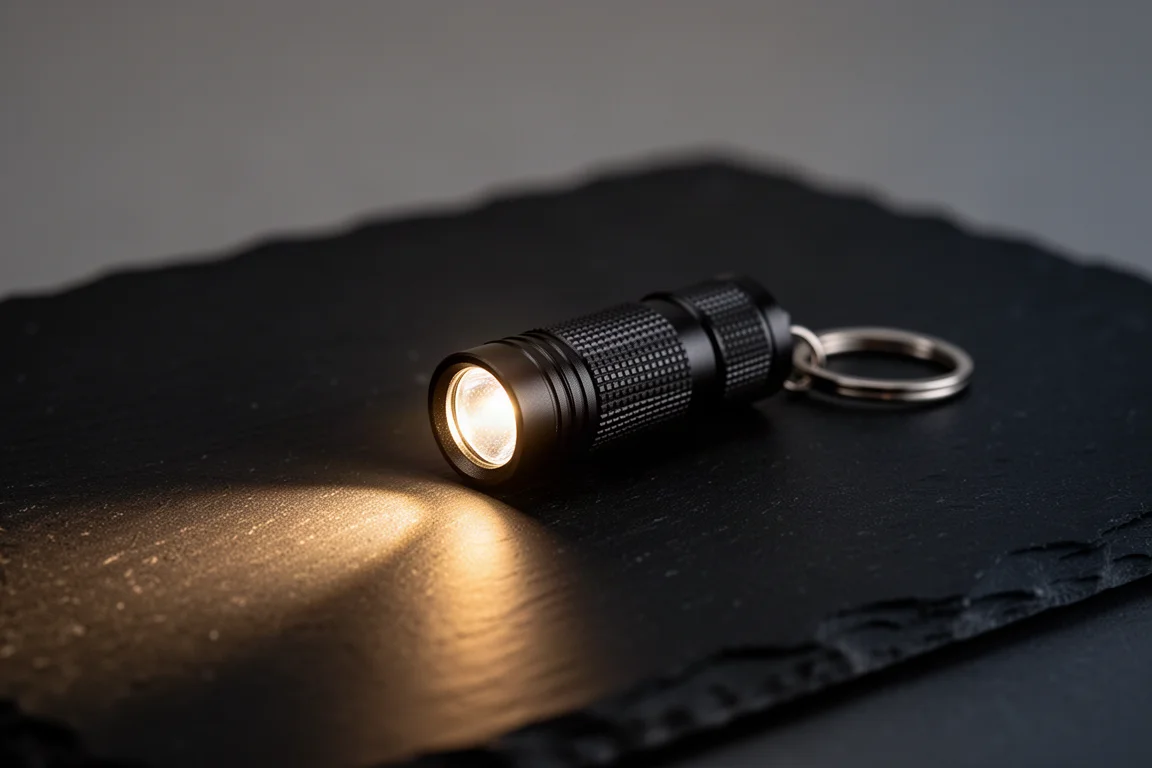 Sleutelhanglamp die een warme lichtbundel werpt over een gedempt verlichte tafel 's nachts