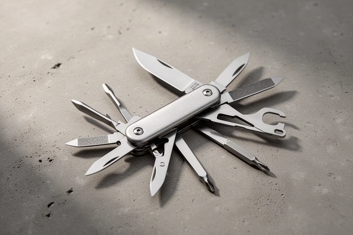 Slank metalen multitool-mes geopend op een betonnen ondergrond met zichtbare gereedschappen