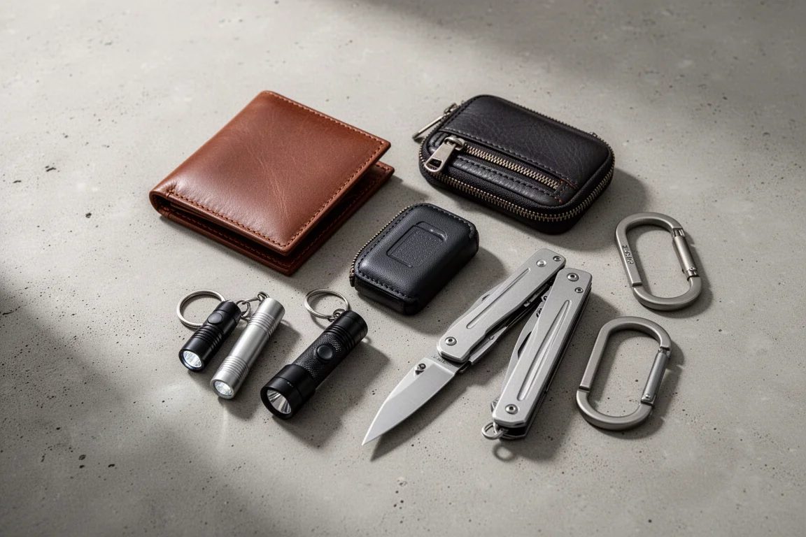 Flat-lay of wallets, keychain flashlights, pocket knives and a carabiner on concrete