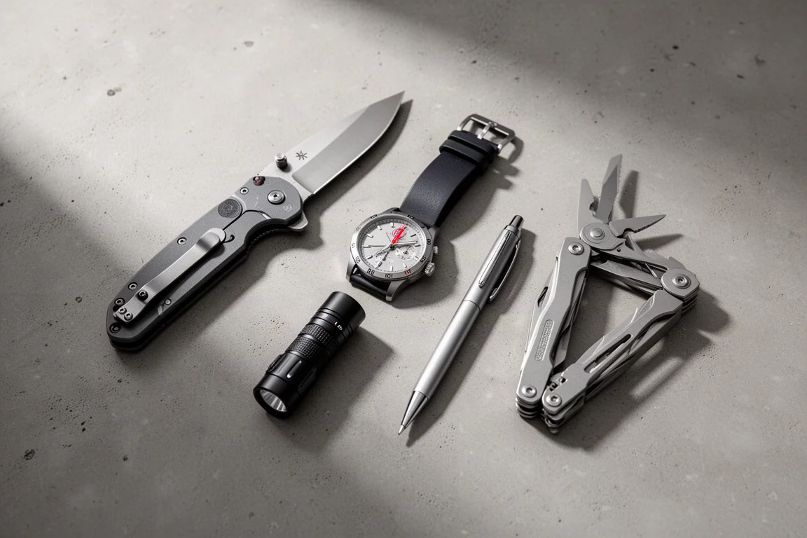 Flat-Lay verschiedener Everyday-Carry-Objekte auf einer Betonoberfläche