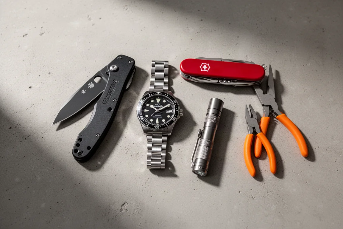 Flat-lay of budget everyday carry gear including knife, watch, multi-tool, flashlight, and pliers on concrete