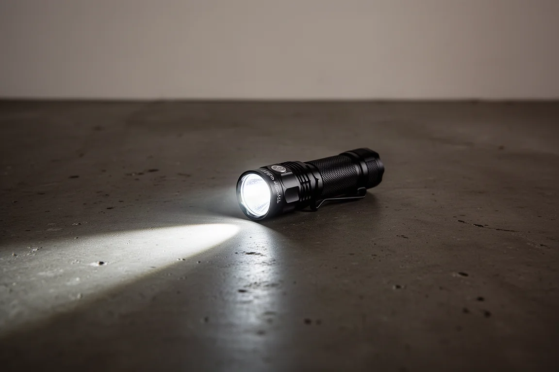 En kompakt taktisk ficklampa som kastar en kraftfull fokuserad stråle över en mörk yta