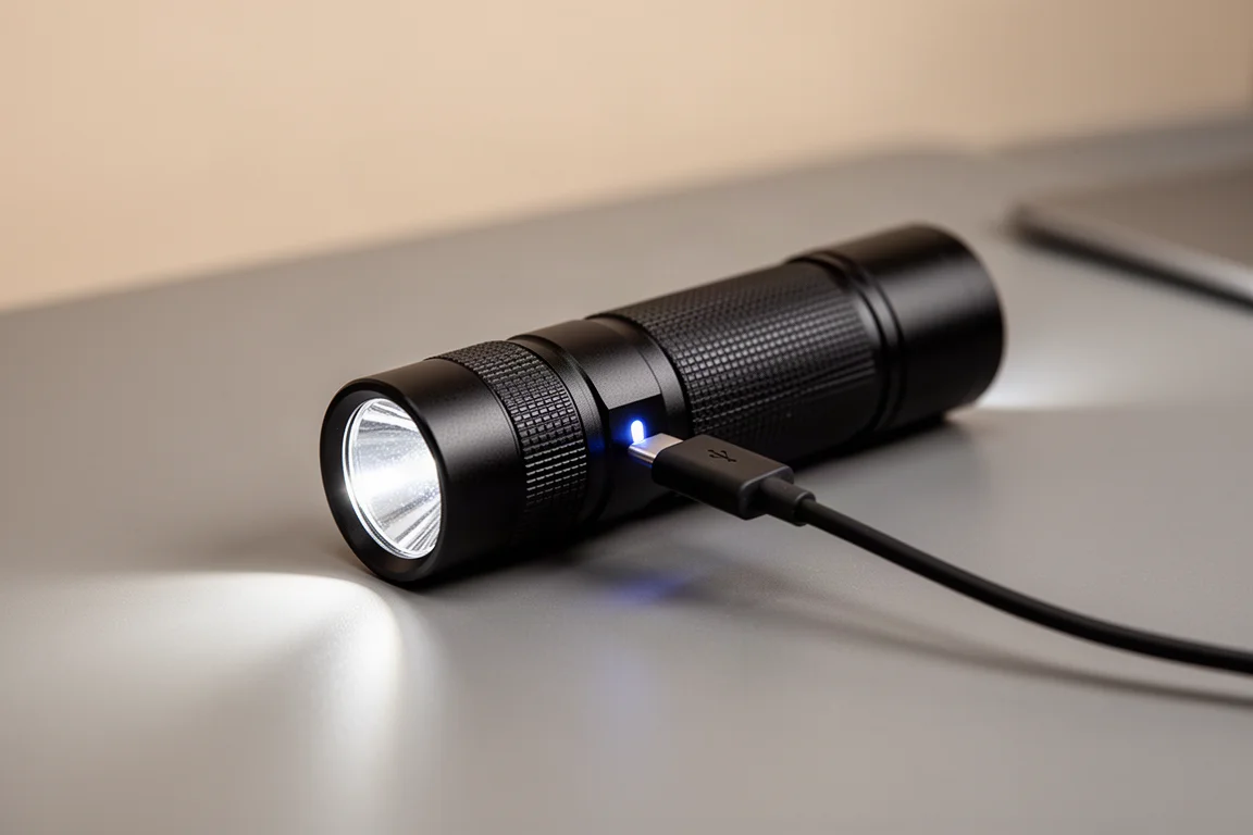 En cylindrisk laddningsbar ficklampa ansluten till en USB-C-kabel på ett skrivbord