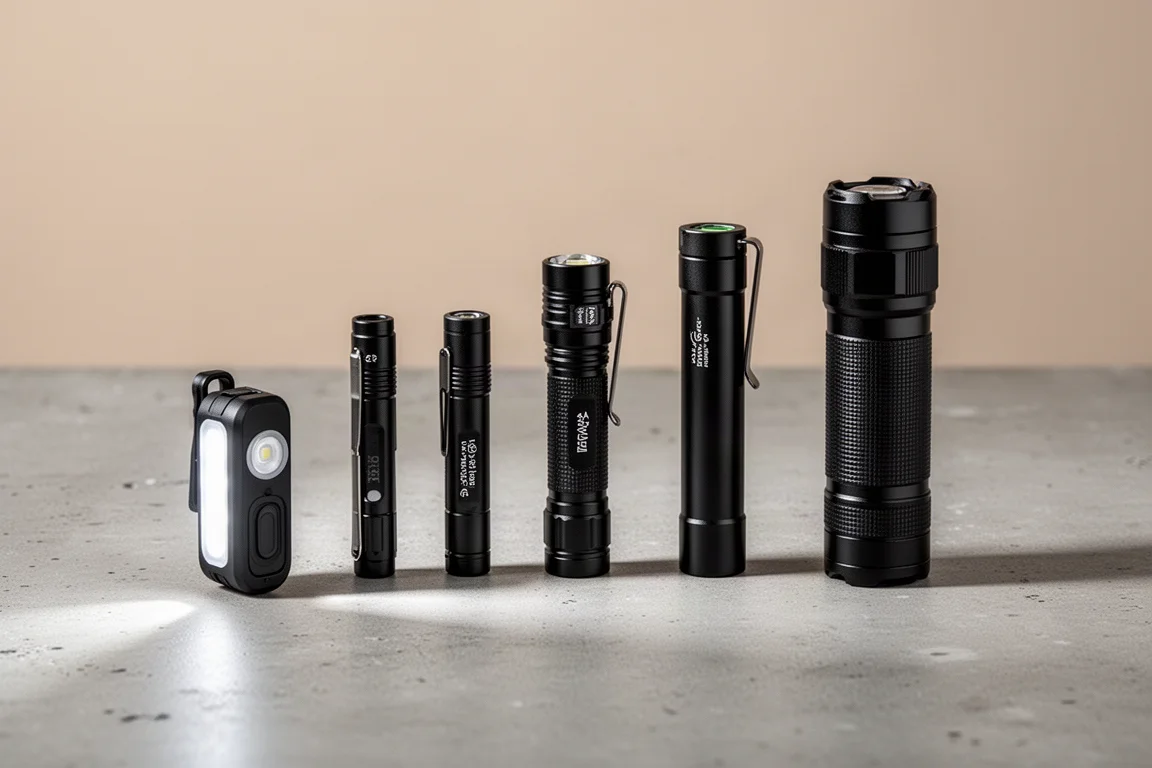 Six compact everyday carry flashlights arranged in a row on a concrete surface