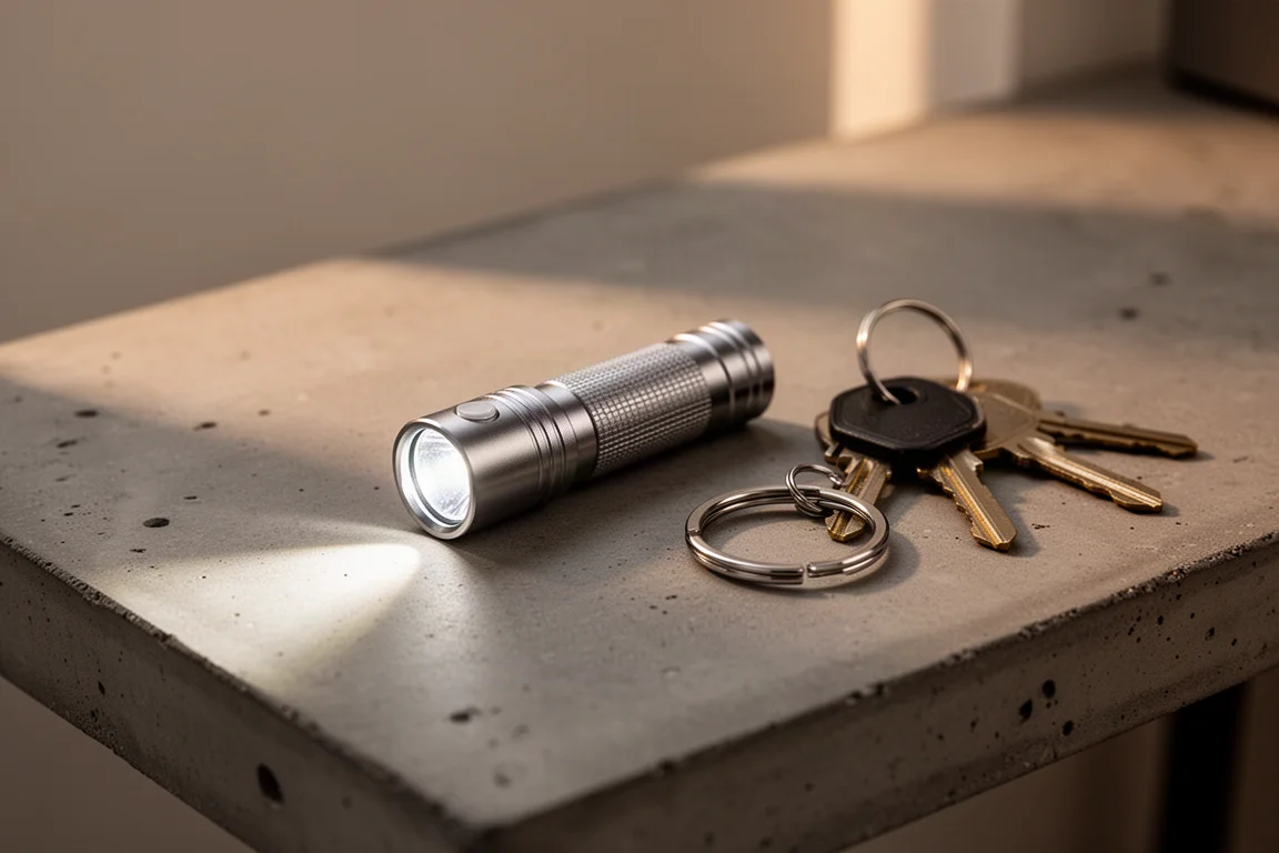 Linterna compacta de aluminio para pilas AAA apoyada sobre una superficie de hormigón