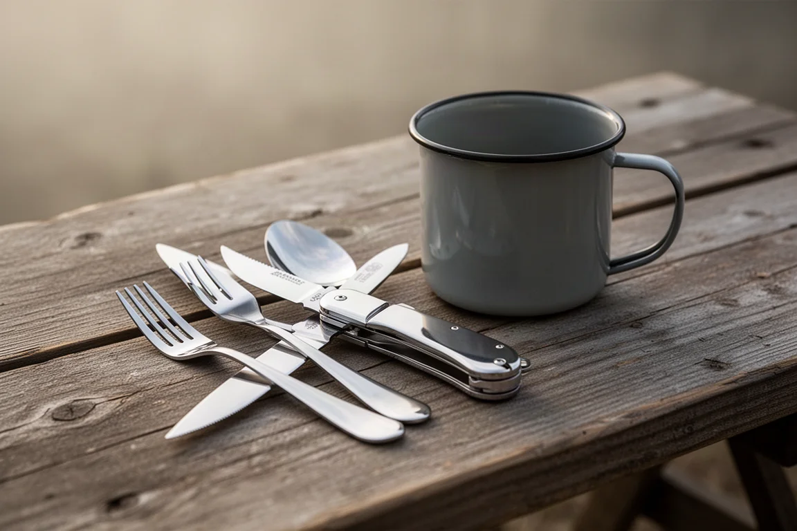 Juego de cubiertos plegable magnético desplegado junto a una taza de camping