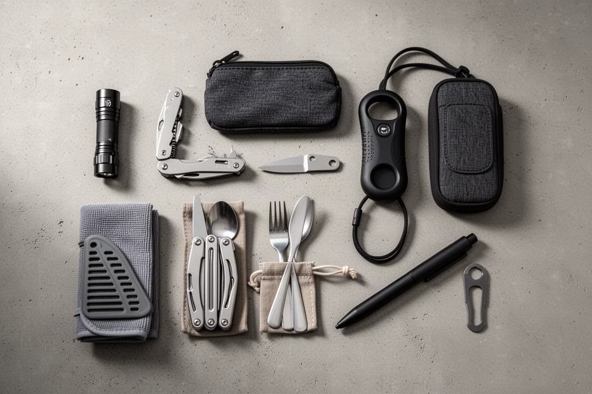Vista dall'alto di dieci oggetti da everyday carry economici su una superficie di cemento
