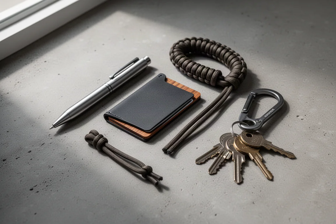 Kompakte Everyday-Carry-Gegenstände auf einer Beton-Tischfläche ausgelegt