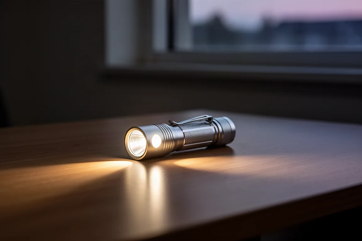 Kompakte Taschenlampe wirft in der Abenddämmerung einen breiten Lichtkegel über einen Tisch