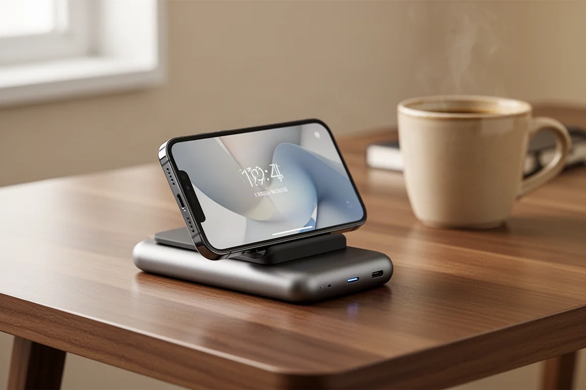 Smartphone steht aufrecht auf einer schlanken magnetischen Powerbank mit Ladekabel