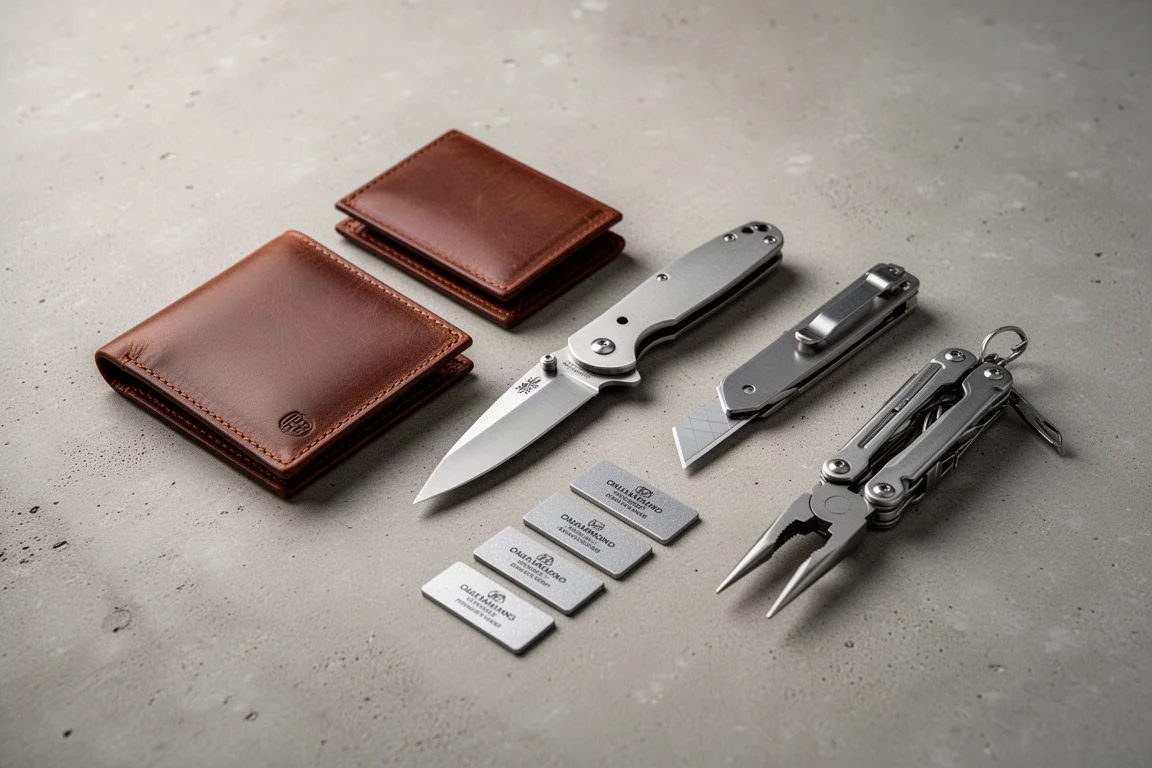 Flat-lay di cinque articoli EDC economici su una superficie in cemento