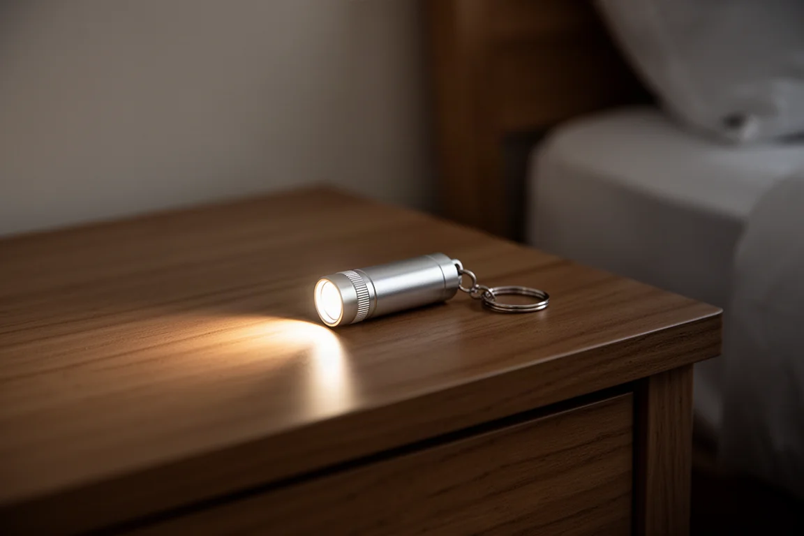 Liten uppladdningsbar ficklampa som lyser upp ett sängbordsbord
