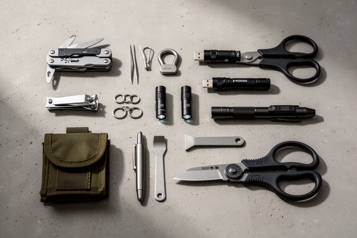 Flat-lay of assorted small everyday carry tools on a concrete surface