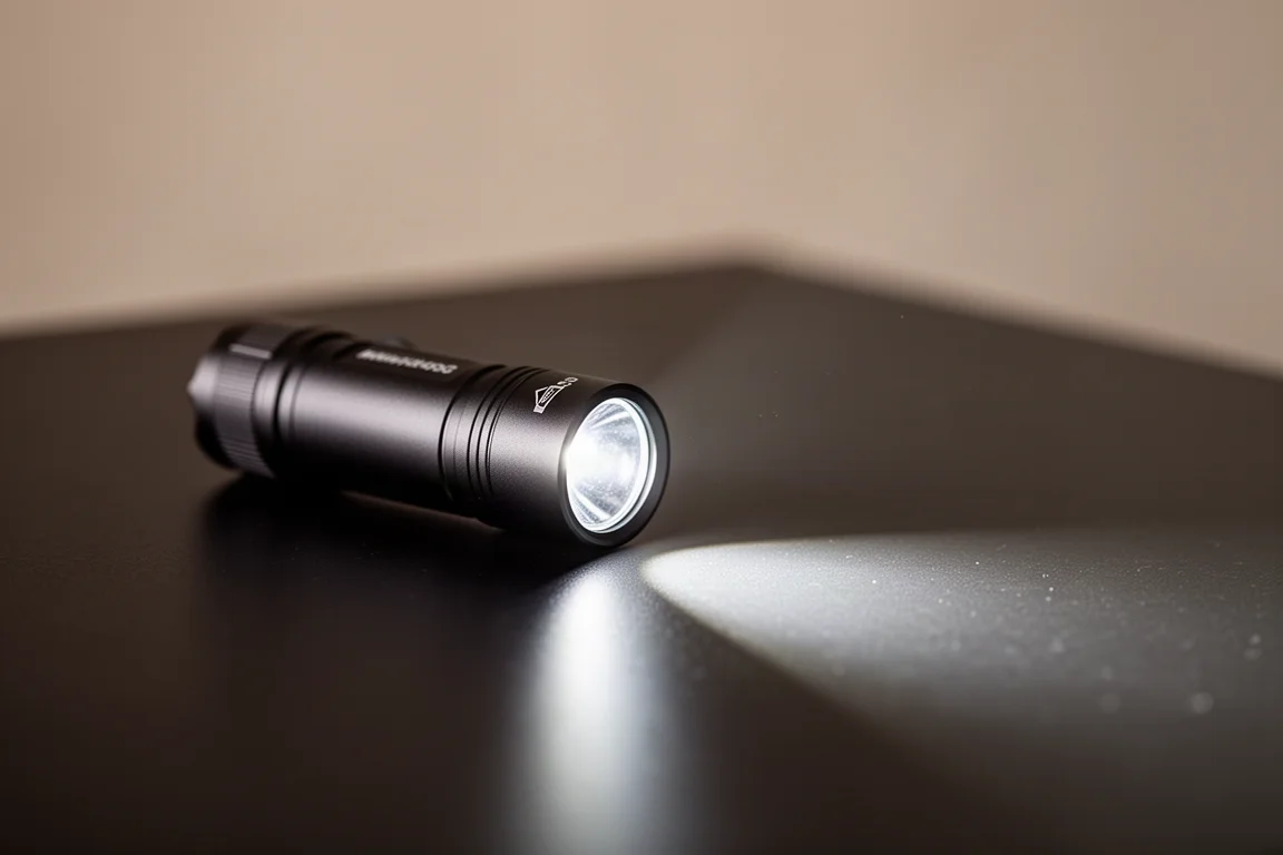 Piccola torcia LED tascabile che proietta un fascio luminoso su un tavolo scuro