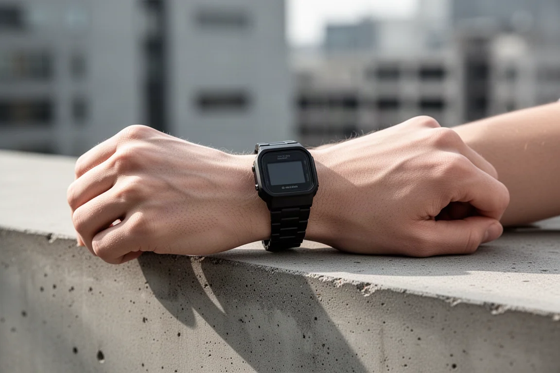 Orologio digitale in resina al polso, appoggiato su una parete in cemento
