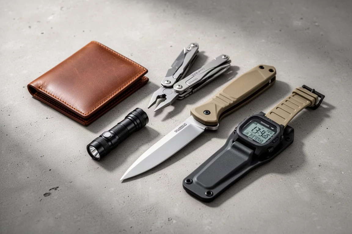Composizione flat-lay di oggetti da everyday carry tra cui portafoglio, torcia, multitool, coltello a lama fissa e orologio digitale