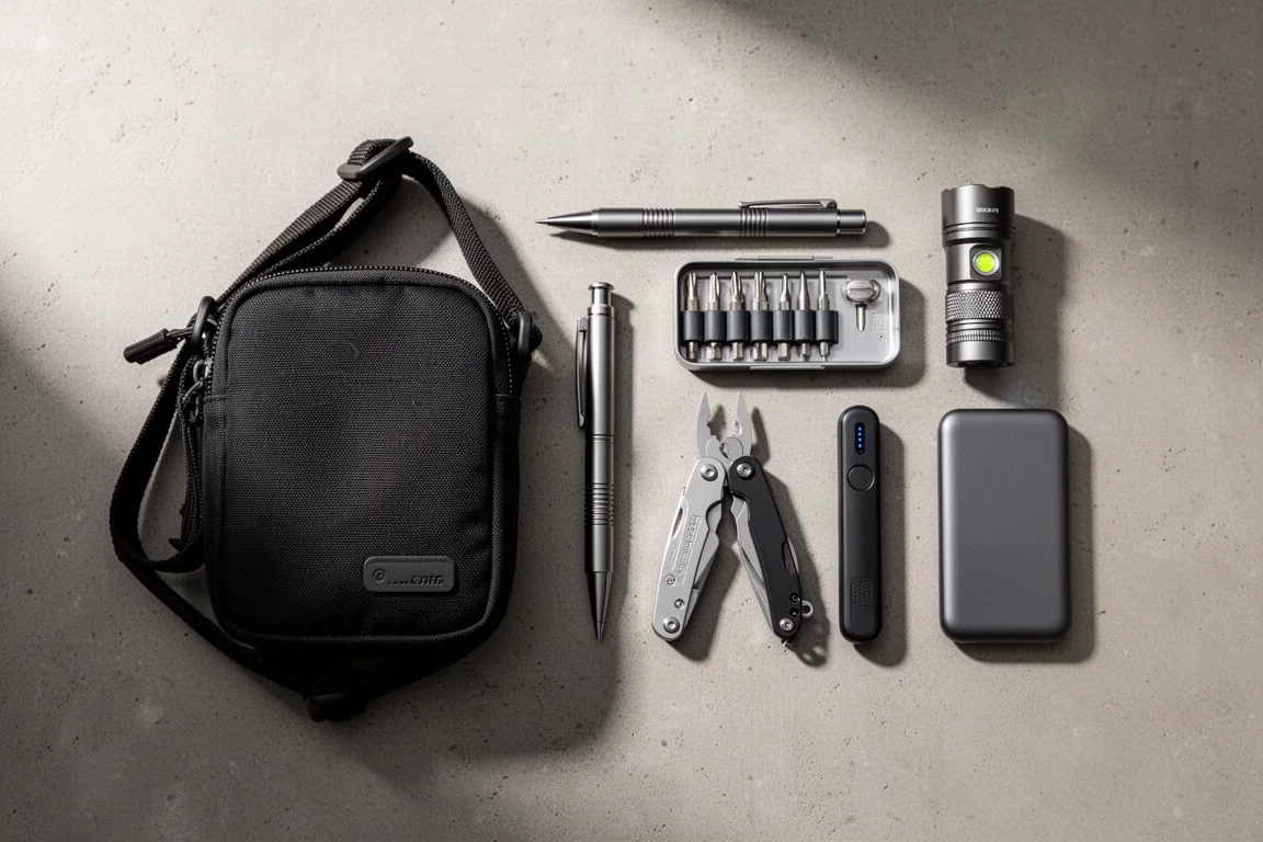 Flat-lay of everyday carry gear including a sling bag, pen, flashlight, multitool, and power bank