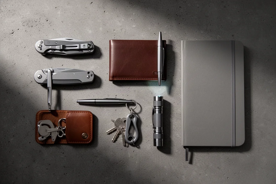 Everyday carry-items gerangschikt in een raster op een donkere betonnen ondergrond