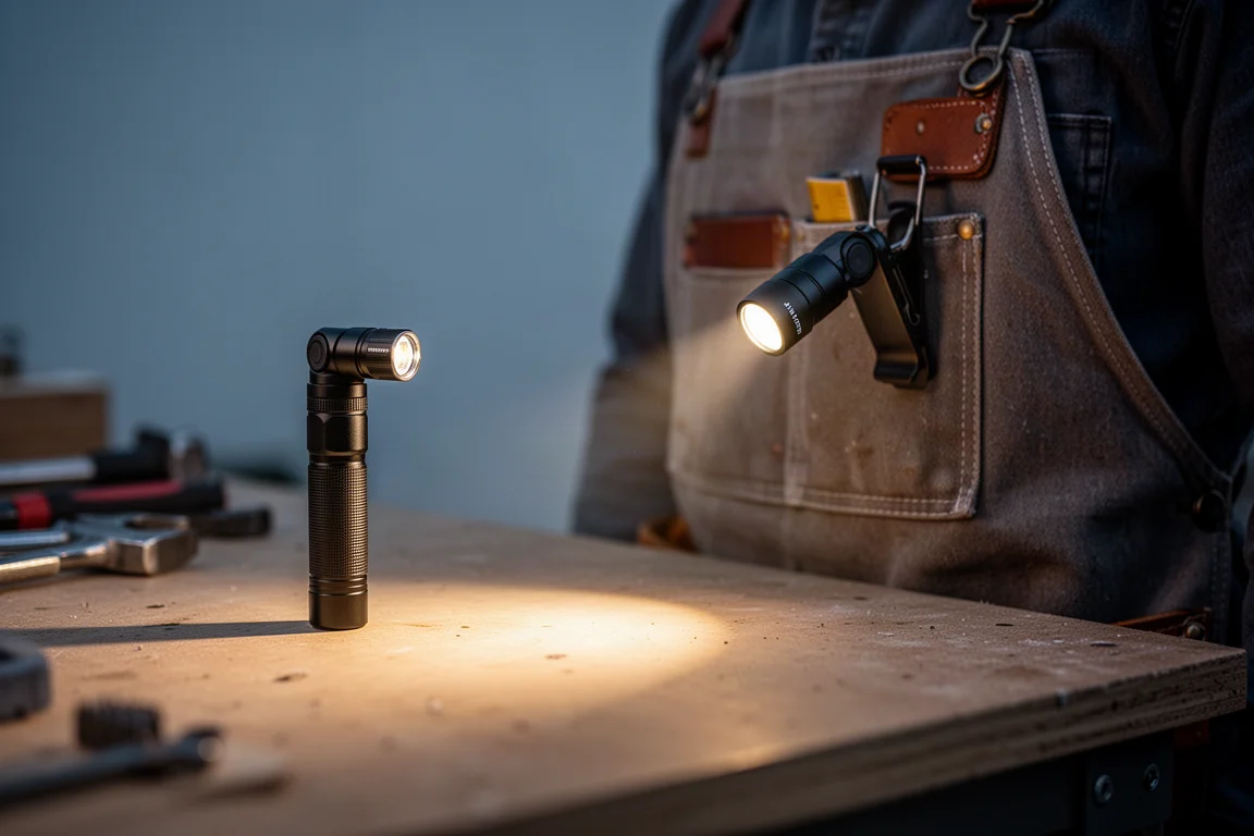Zaklamp met haakse kop geklemd aan een overhemdzak verlicht een werkbank